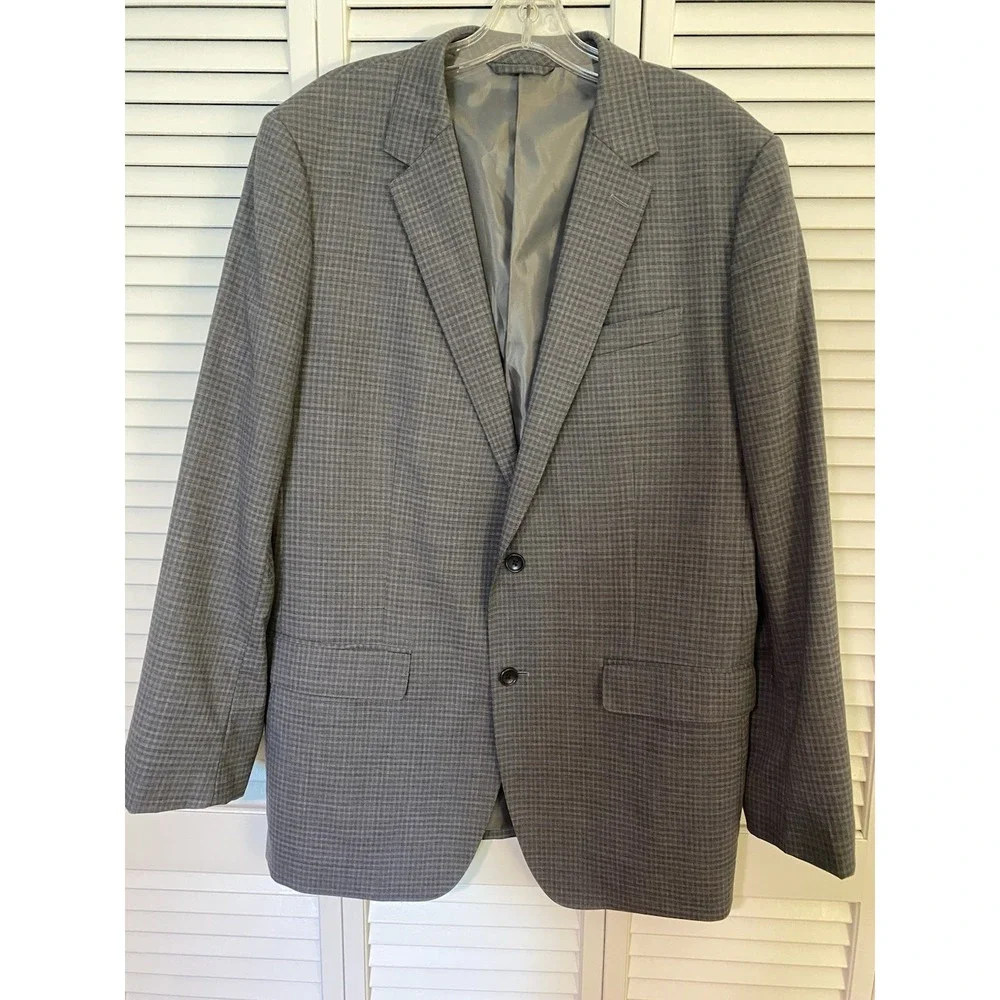 Bonobos Blazer Mens 44L Slim Fit Gray Check 100% Wool Lightweight Sport Coat